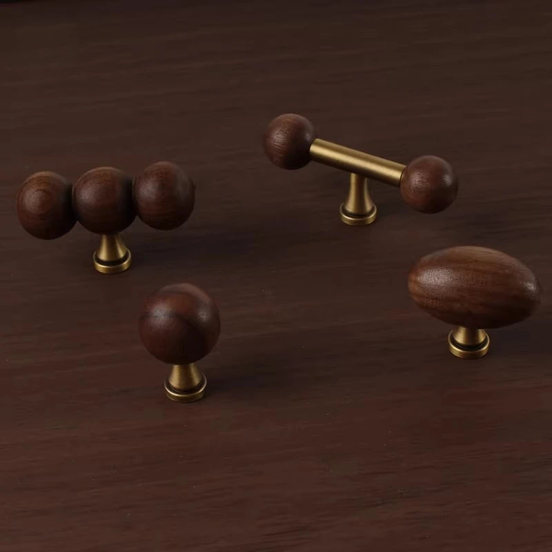 Vintage Walnut Cabinet Handles Mid-Century Modern Dresser Pulls Round Ball and Long Bar Knobs for Wardrobe Furniture Hardware