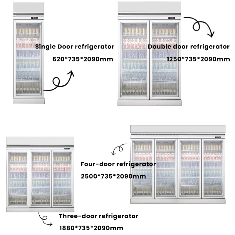 Armário de exibição refrigerado, refrigerador de bebidas e bebidas de supermercado de grande capacidade, armário vertical de porta dupla