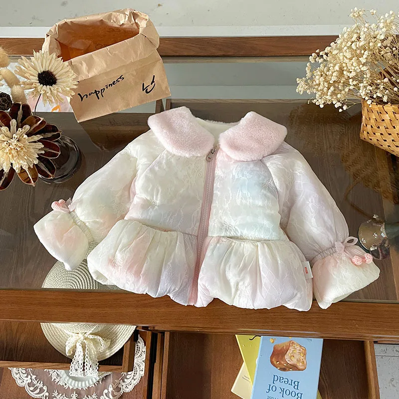 

Kids Baby Girls Down Jacket 2025 Winter Thicken Warm Toddler Girls Down Coat Peter Pan Collar Bow Children Girls Outerwear Coat
