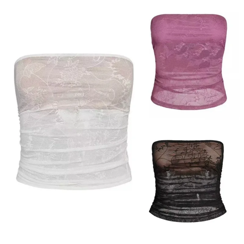 

Sexy See-tough Lace Wrap Chest oulder Bared Pure Color Slimming Faionable Base Layer irt for Women in China 2025 Autu...