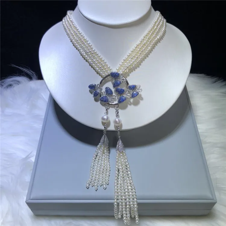 

Hand knotted 43-49cm long natural 4rows white round freshwater pearl micro inlay zircon accessories necklace fashion jewelry