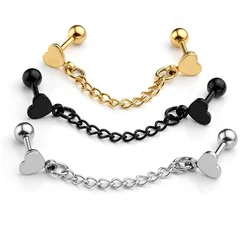 1pc Double Heart Chain Barbell Cartilage Helix Stud Earrings Surgical Steel Tassel Drop Piercing Stud Punk Jewelry for Women Men