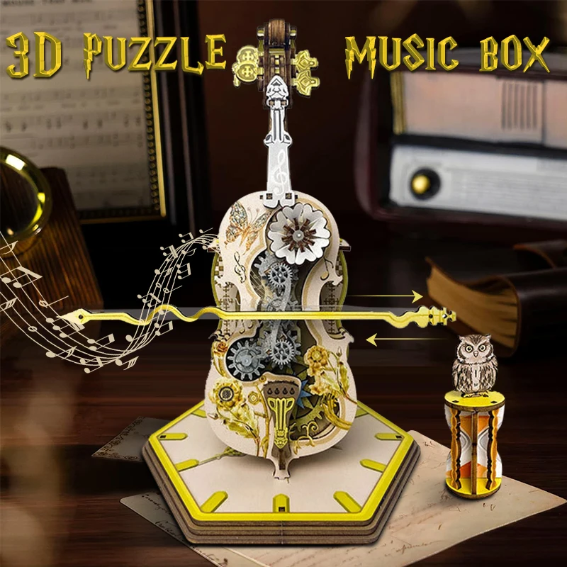 

E2 3D Puzzle Kit Magic Cello Mechanical Model Wooden Music Box Puzzle For Adults And Kid Birthday Christmas Gift Desk Decoration