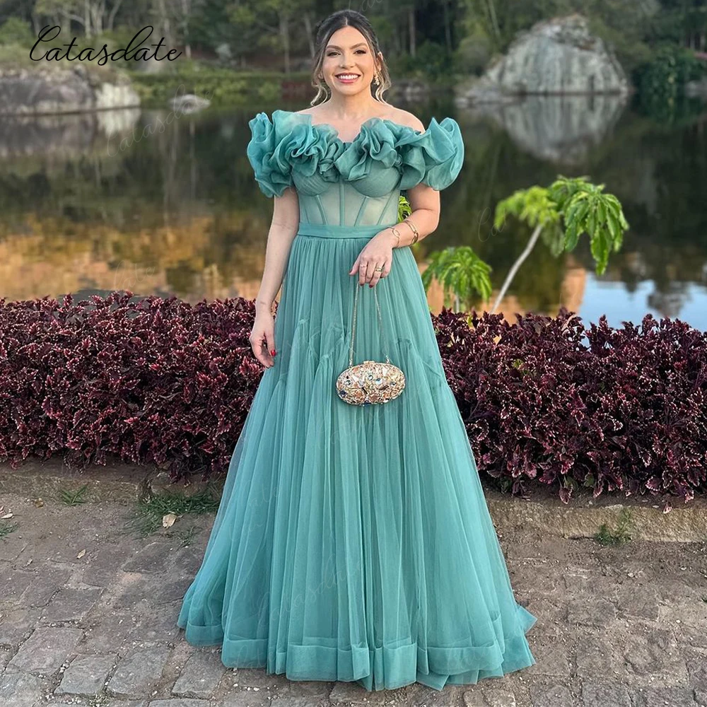 Catasdate Green Evening Dresses 3D Flowers Off Shoulder Party Dress for Women Formal Wedding Party Dress vestidos de fiesta