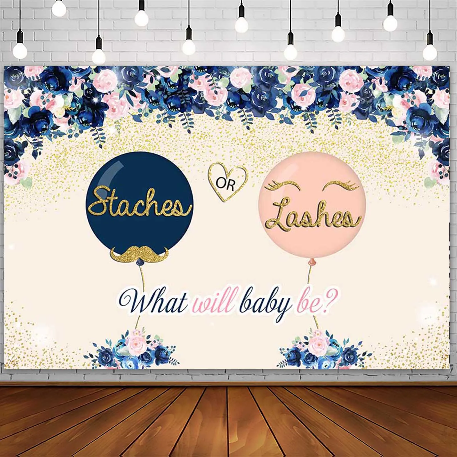 AIBIIN Gender Reveal Background He or She Staches o Lashes decorazioni per feste Navy Blue Blush Pink Floral Photography Background