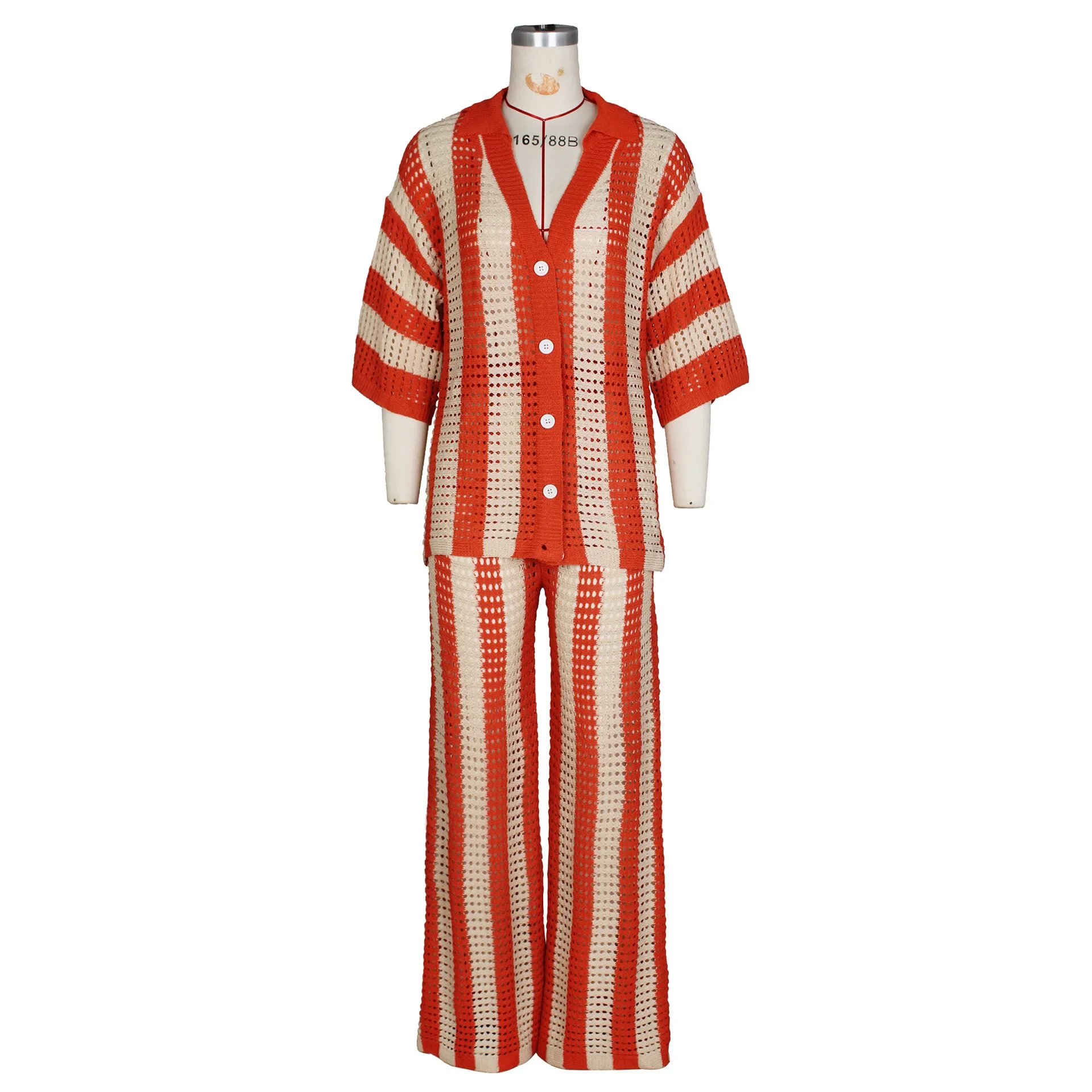 Matching Sets Two Pieces Hollow Out Knitted Striped Sweaters V Neck Loose Wide Leg Pants Pockets Women Tracksuit Casual