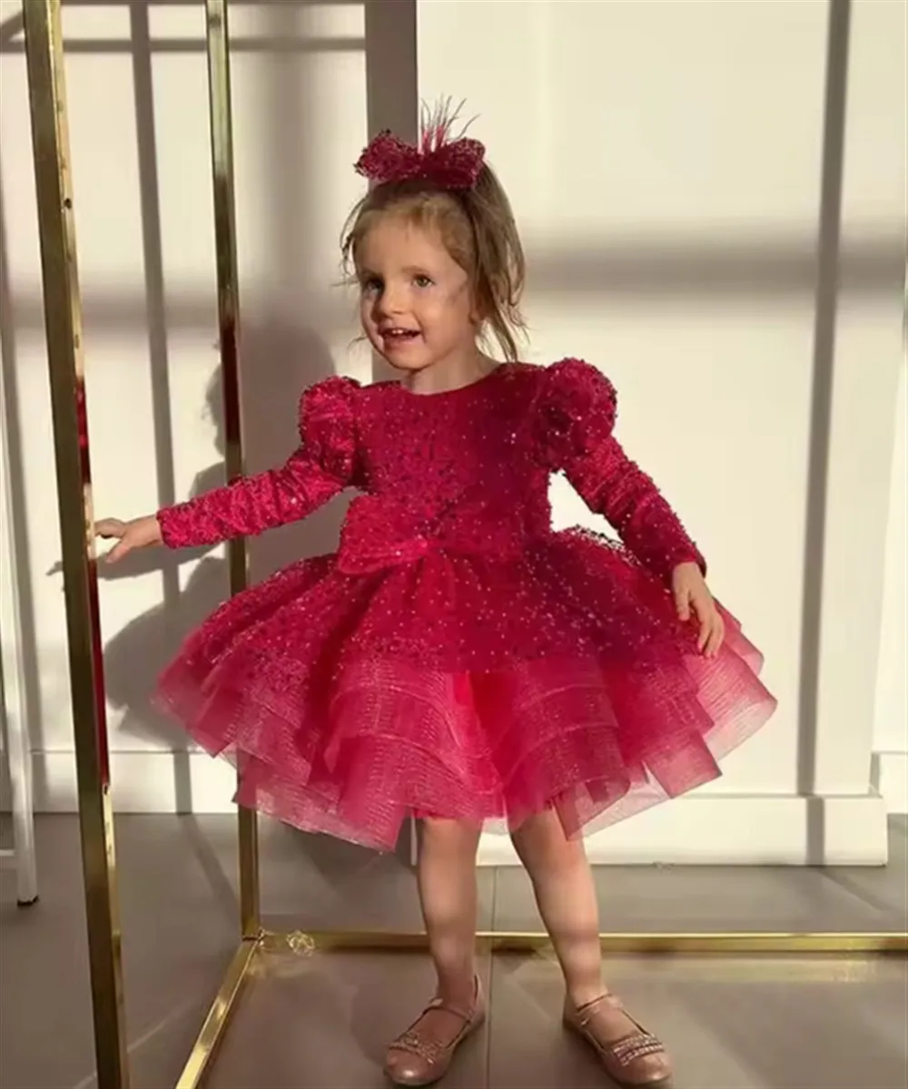 Robe de demoiselle d'honneur scintillante à paillettes, manches longues avec nœud, robe de princesse pour enfants, anniversaire, Noël, fête, concours de beauté