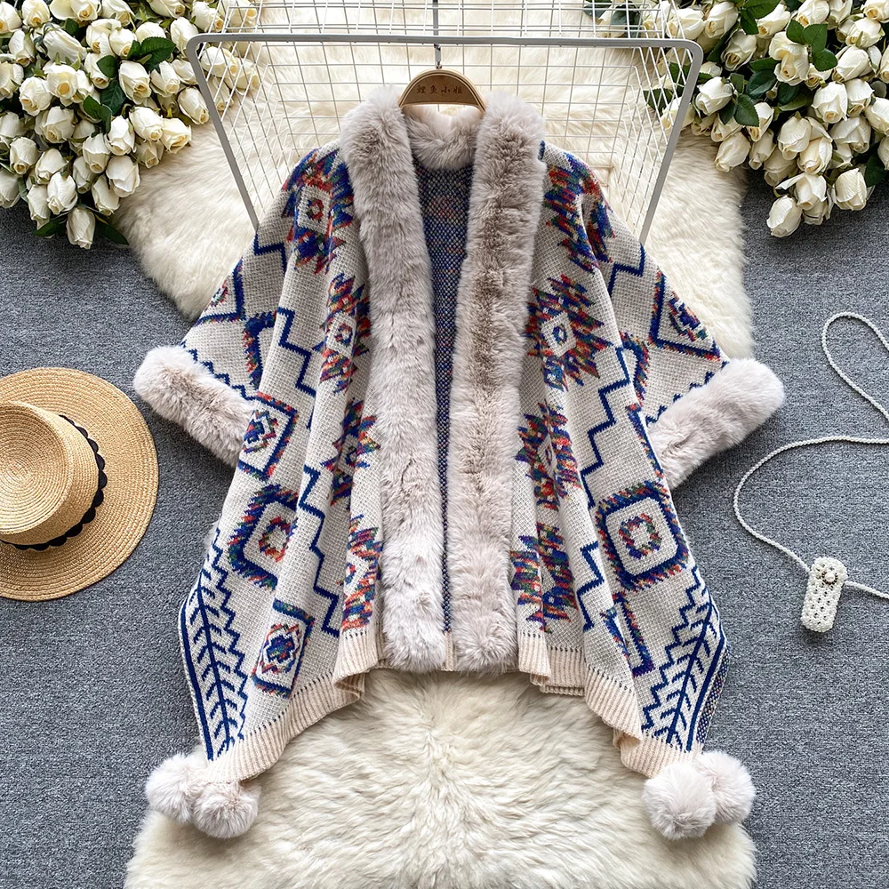 Croysier Ethnic Vintage Geometric Jacquard Knit Shawl Sweater Coat Women Autumn Winter Cardigans Plush Trim Loose Cape Cardigan