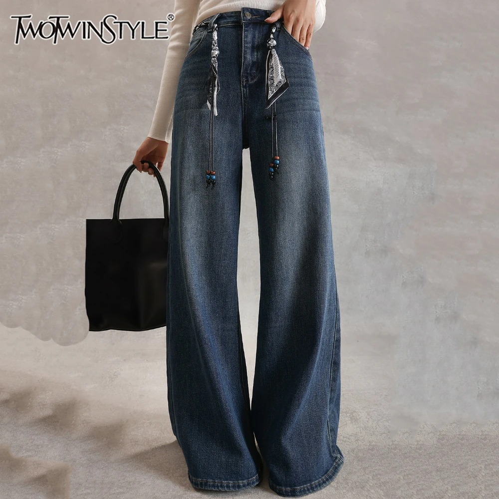 

TWOTWINSTYLE Solid Spliced Lace Up Chic Trousers Female High Waist Loose Basics Design Women's Wide Leg Pants Autumn New Fashion