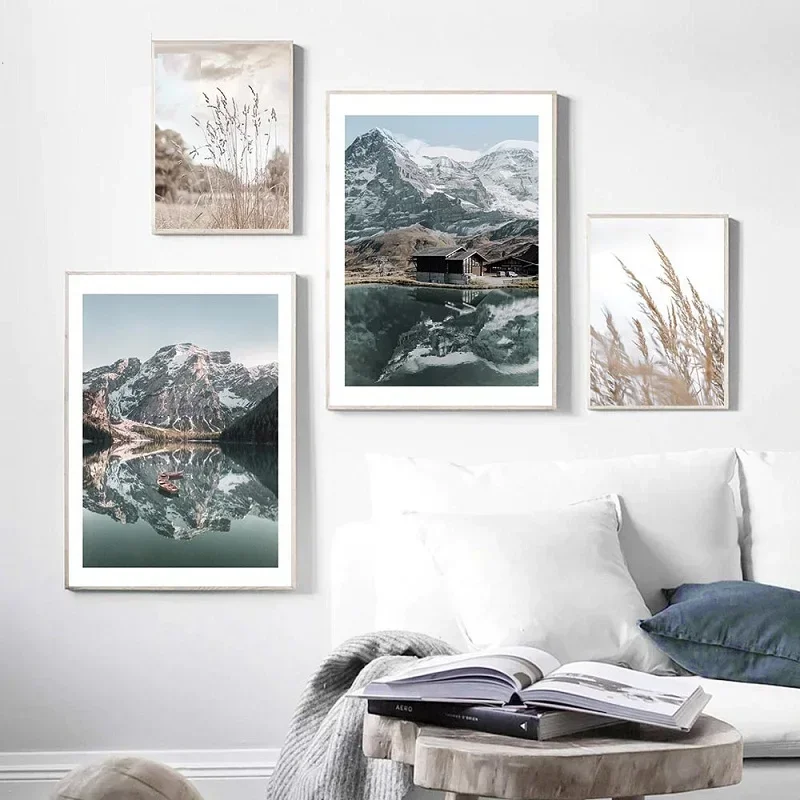 Natural Landscape Canvas Painting Nordic Dandelion Hay Mountain Lake Poster Living Room Bedroom Wall Picture Decoration No Frame