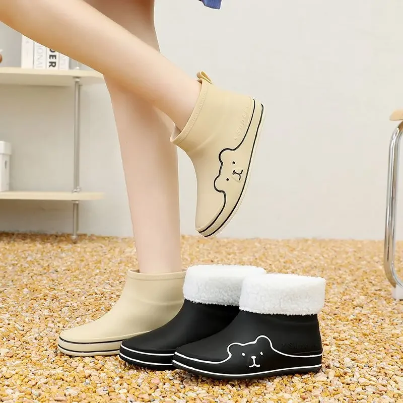 Women Short Rain Boots Thick Fashion Sweet Korean Style Waterproof Non Slip Snow Boots for Kitchen
