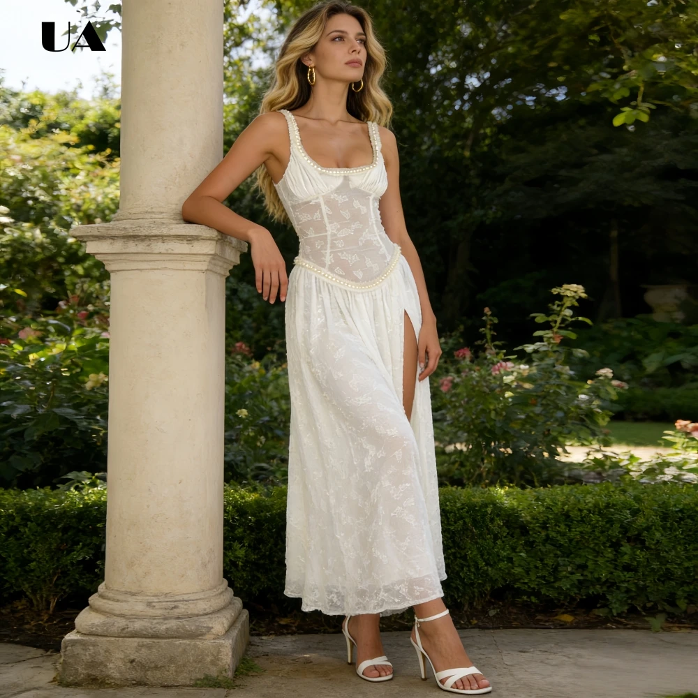 

ULBYANRY Sexy Sheer Lace Printed Fit-and-flare Long Dress with Ruffled Square Collar, Elegant Sleeveless Empire Slit Maxi Dress