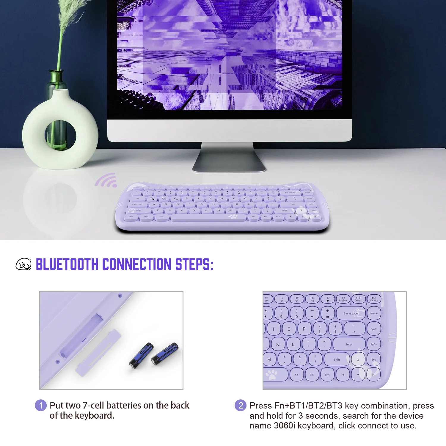 3060i لوحة مفاتيح كمبيوتر لاسلكية لطيفة 80% في المئة لوحة مفاتيح بلوتوث جميلة على شكل قطة ريترو صامتة ونحيفة مع آلة كاتبة مستديرة غير لامعة