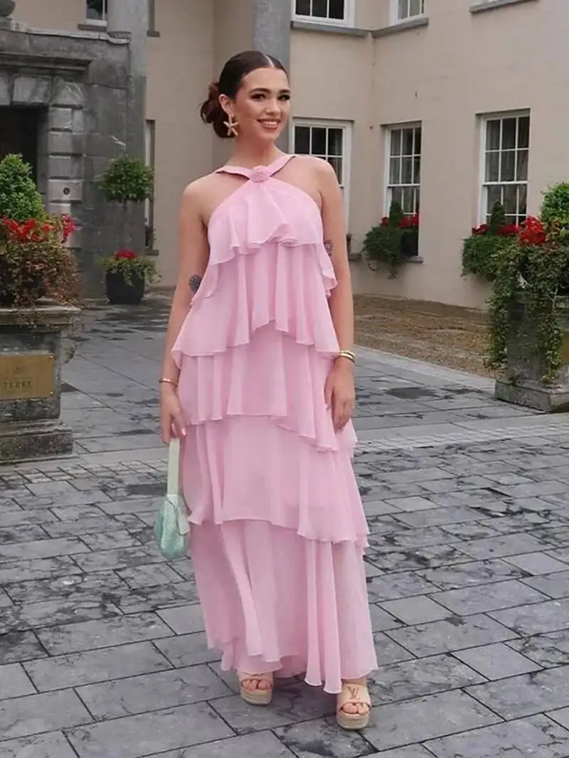 Sukienki damskie z falbanami 3D w kształcie kwiatów, eleganckie, szyfonowe, bez pleców, bez rękawów, puszyste, długie sukienki letnie, nowe sukienki plażowe dla kobiet.