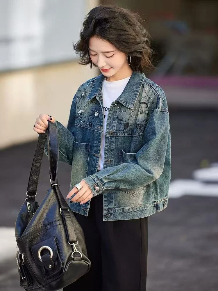 

Корейский стиль, женская короткая винтажная джинсовая куртка с вышивкой, повседневная модная универсальная куртка со стразами, новый ранний весенне-осенний миниатюрный топ