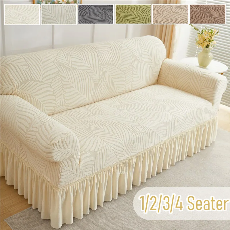 1/2/3/4 Seater Elastic Leaves Jacquard Sofa Cover With Skirt Universal Anti-slip Sofa Slipcover For Living Room Bedroom Home Use