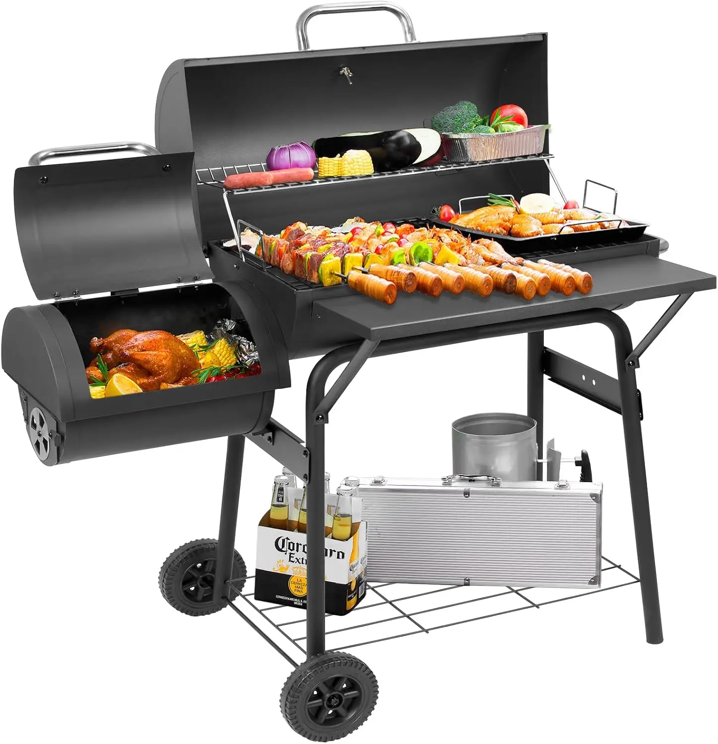 Barrel Charcoal Grill With Offset Smoker, 550 Square Inches Cooking Area, Outdoor BBQ Grill With Front Shelf, Backyard Patio