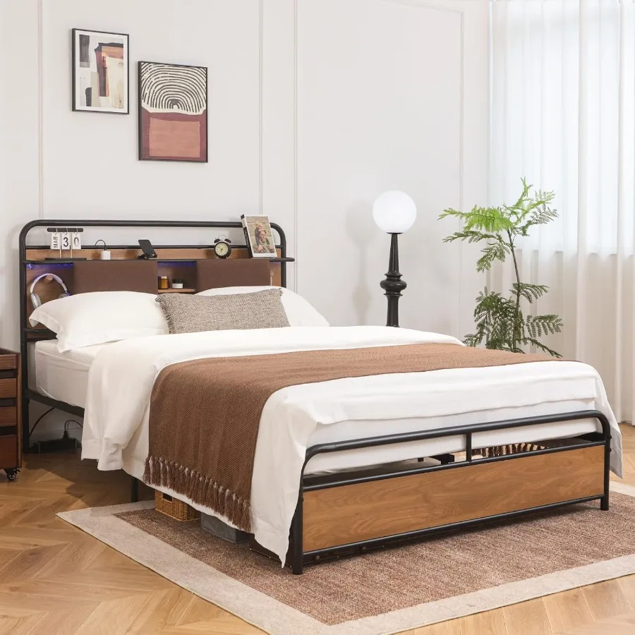 Wood Queen Size Bed Frame with 3-Tier Storage Headboard for bedroom use, solid wood material, natural wood color, space-saving