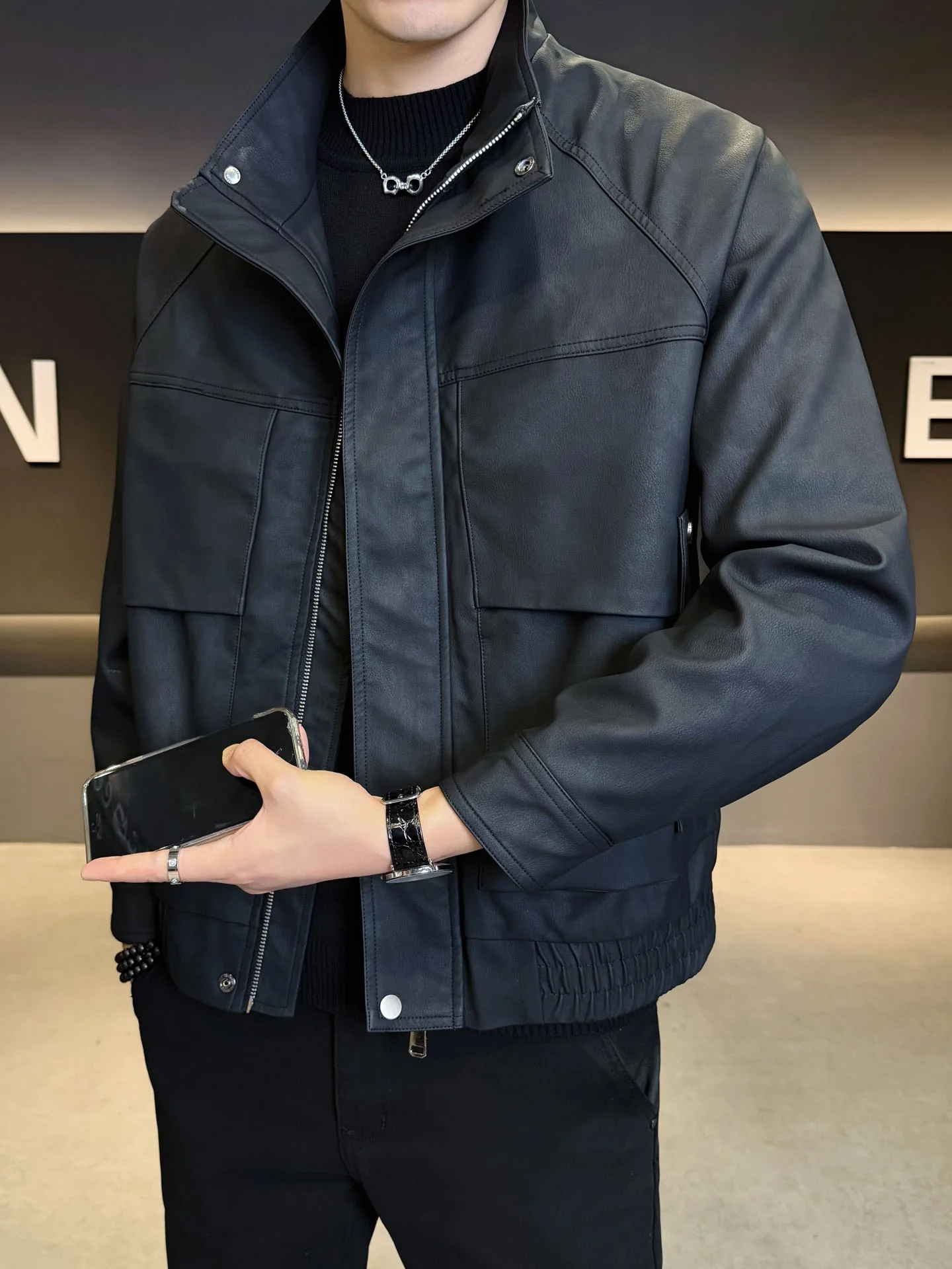 

Men's Biker Sle Thiened Fce Lined Stand Collar Leather Jaet Autumn Winter Faionable Casual PU Leather Coat