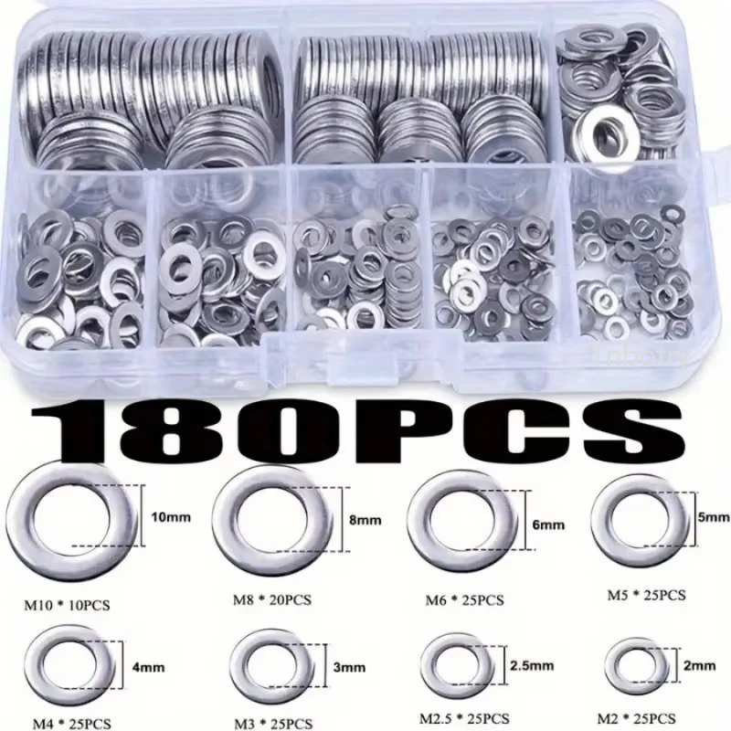 180pcs Stainless Steel Washer Set, M2-M10 Size, Easy to Install, Durable Material, Ideal for DIY Projects/Machinery