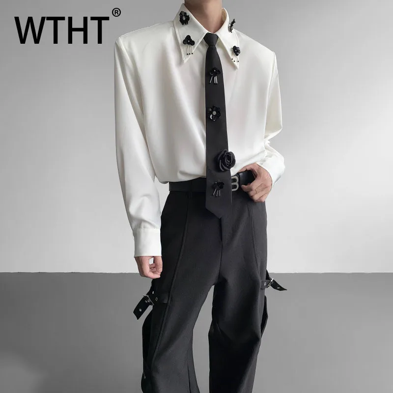 

WTHT модные мужские рубашки с цветочным принтом и подплечниками контрастного цвета, модные свободные топы с отложным воротником, мужские осень 2023, 2A1785