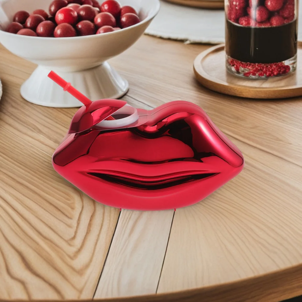 

2Pcs Red Lip Shaped Drinking Cup Electroplated Straw Lid Cute Tumbler Bottle for Wedding Party Beach Bar Home Office