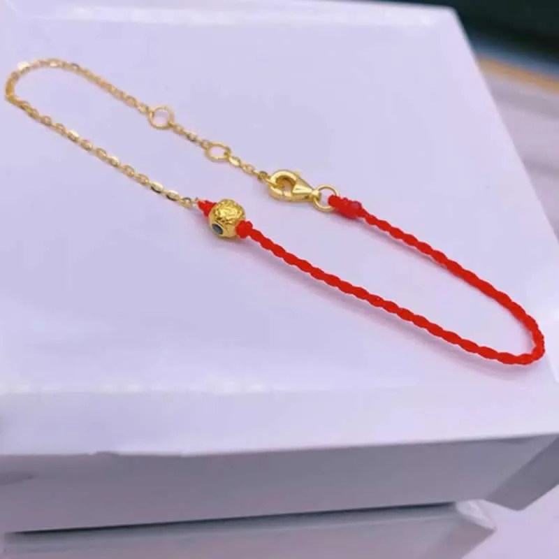 Pure 24K Yellow Gold Red String Bracelet Women 999 Gold O Link Geometry Bracelet