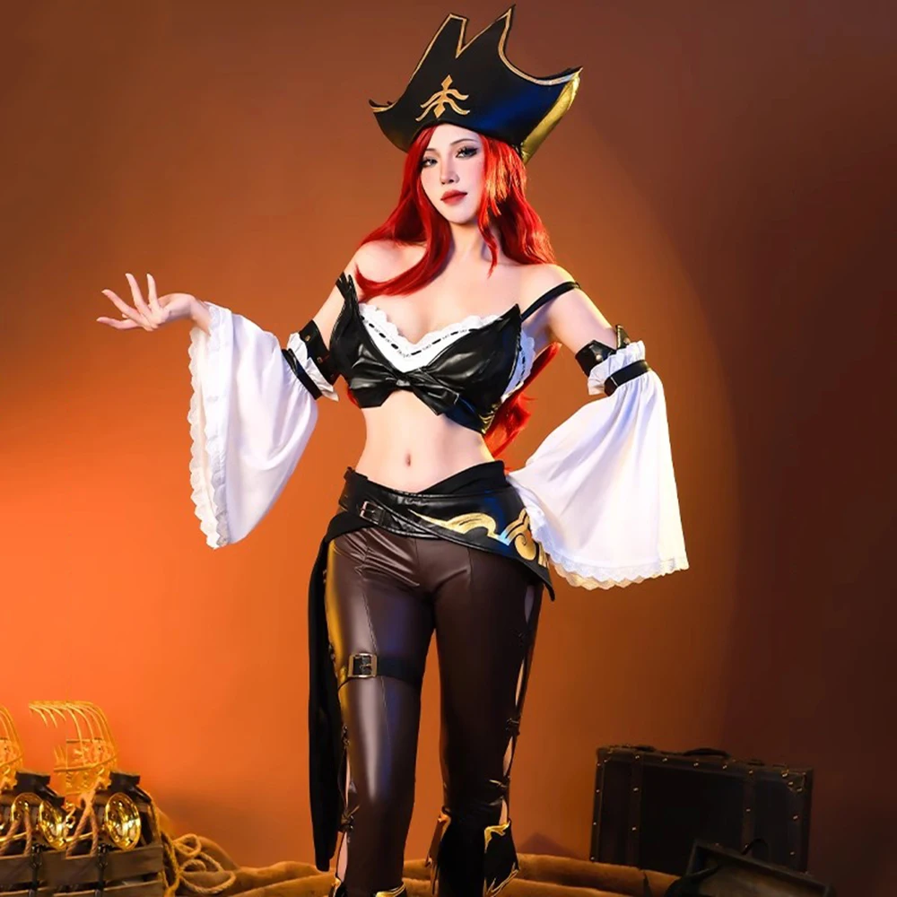 Game LOL The Bounty Hunter Miss Fortune Cosplay Costume Wig Sexy Women Halloween Party Carnival Suit Hat Red Long Curly Hair