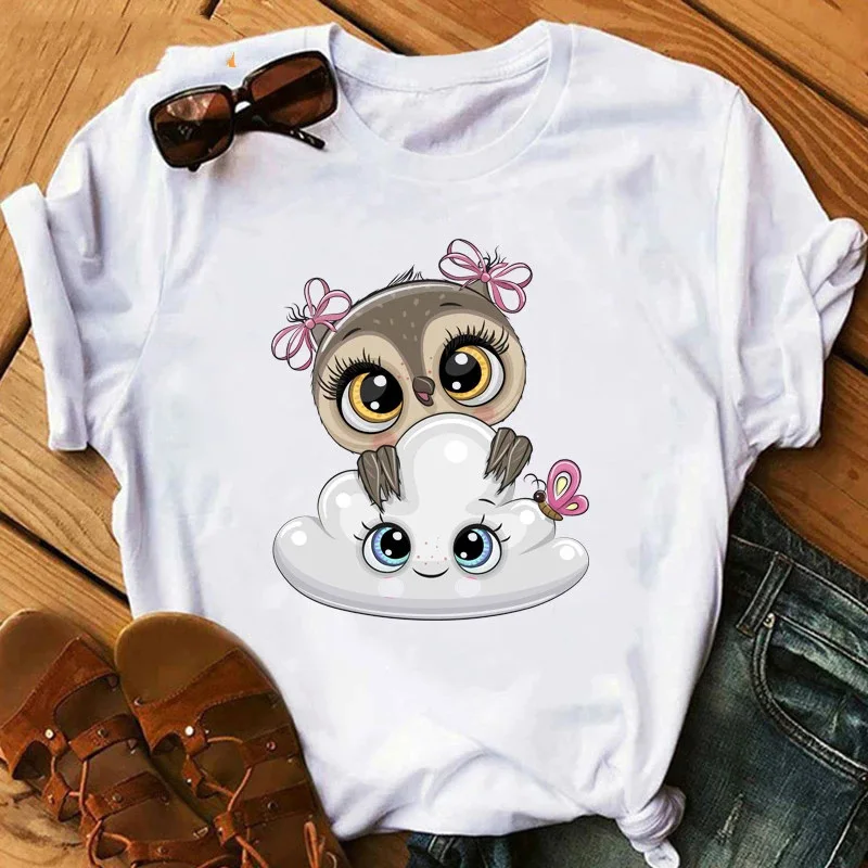 Maycaur Cartoon Owl Print T Shirt Women Kawaii Graphic Shirts Casual Short Sleeved Black Female Tee O-neck Harajuku T-shirts