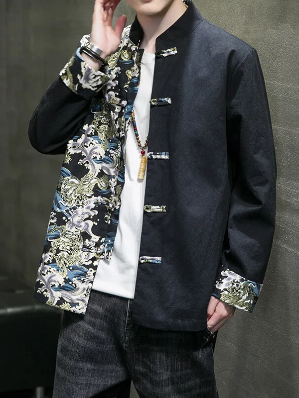 

Spring Summer Retro Patchwork Men's Zhongan Coat New Chinese Sle Button Stand Collar Jaet Hanfu Large Size Formal Wear