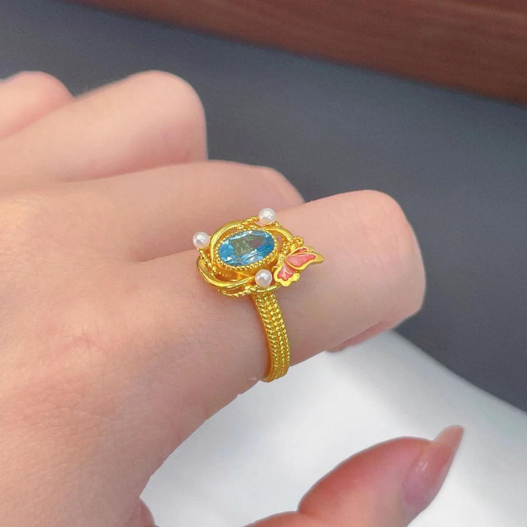 خواتم فراشة مرصعة بالأحجار الكريمة الزرقاء الإبداعية للنساء خاتم زفاف لؤلؤ فاخر خفيف هدية مجوهرات ساحرة