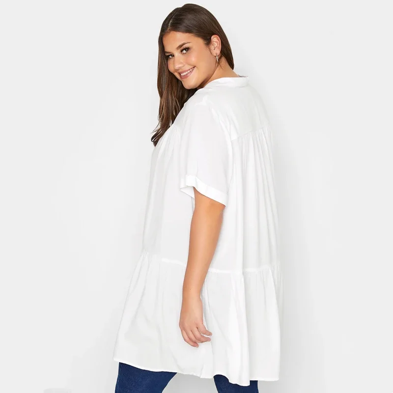 Plus Size Summer Elegant Longline Smock Shirt Women Short Sleeve Black Casual Tiered Blouse Large Size Loose White Shirt 7XL 8XL