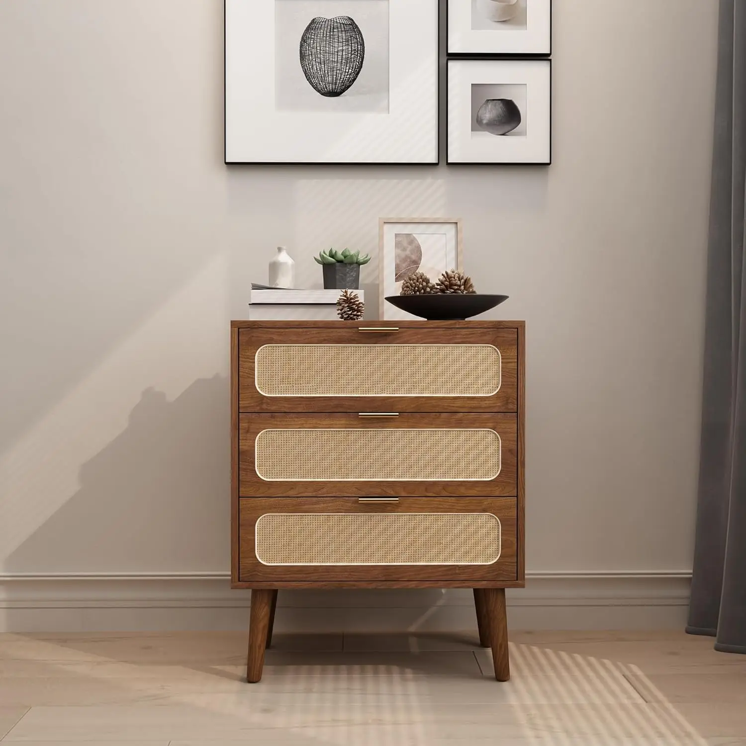 rattan nightstand dresser chest of 3 drawers, wood storage dresser cabinet organizer unit for bedroom closet living room office