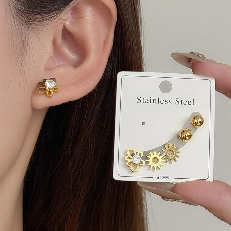 3Pairs Stainless Steel Stud Earrings Geometric Tiny Moon Sun Star Zircon Butterfly Round Ball Earrings for Women Jewelry Set