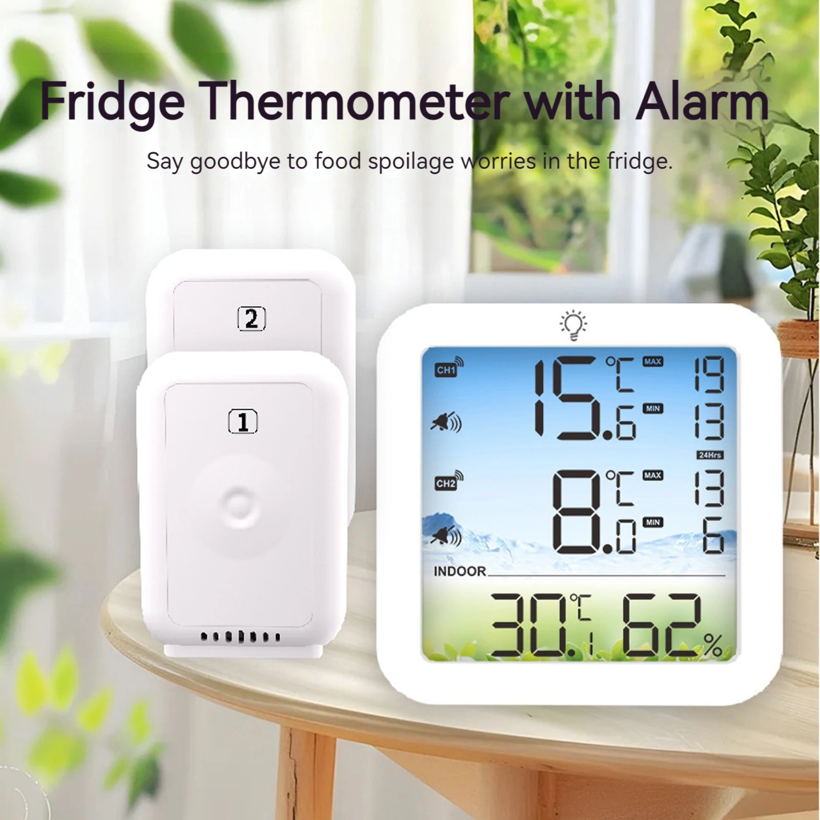 

Монитор температуры в холодильнике с 2 дистанционными датчиками, домашняя метеостанция с радиусом действия 328 футов/100 м, с сигнализацией для внутреннего и наружного мониторинга