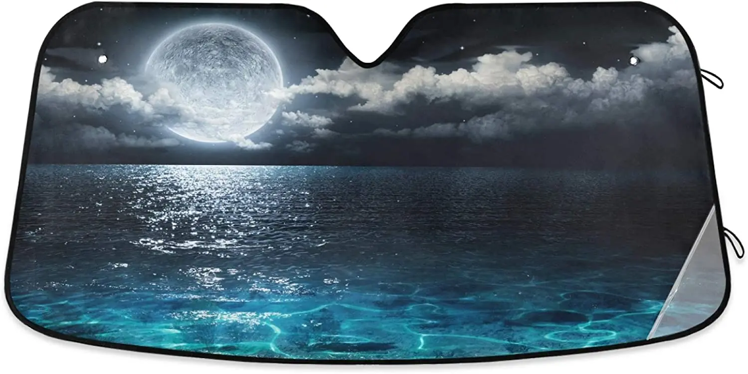 

Full Moon Sea Night Cloud Lights Car Windshield Sun Shade Romantic Ocean Scenic Panorama Sunshade Reflective UV Rays Protector