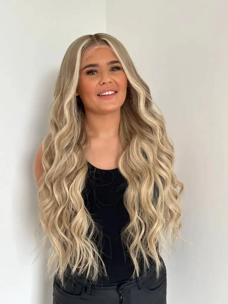 شعر فاخر طويل الطول موجة عميقة غلويليس الباروكات الشعر الاصطناعية تسليط الضوء على العسل شقراء الجبهة الدانتيل الباروكات المستخدمة يوميا قسط الألياف #1
