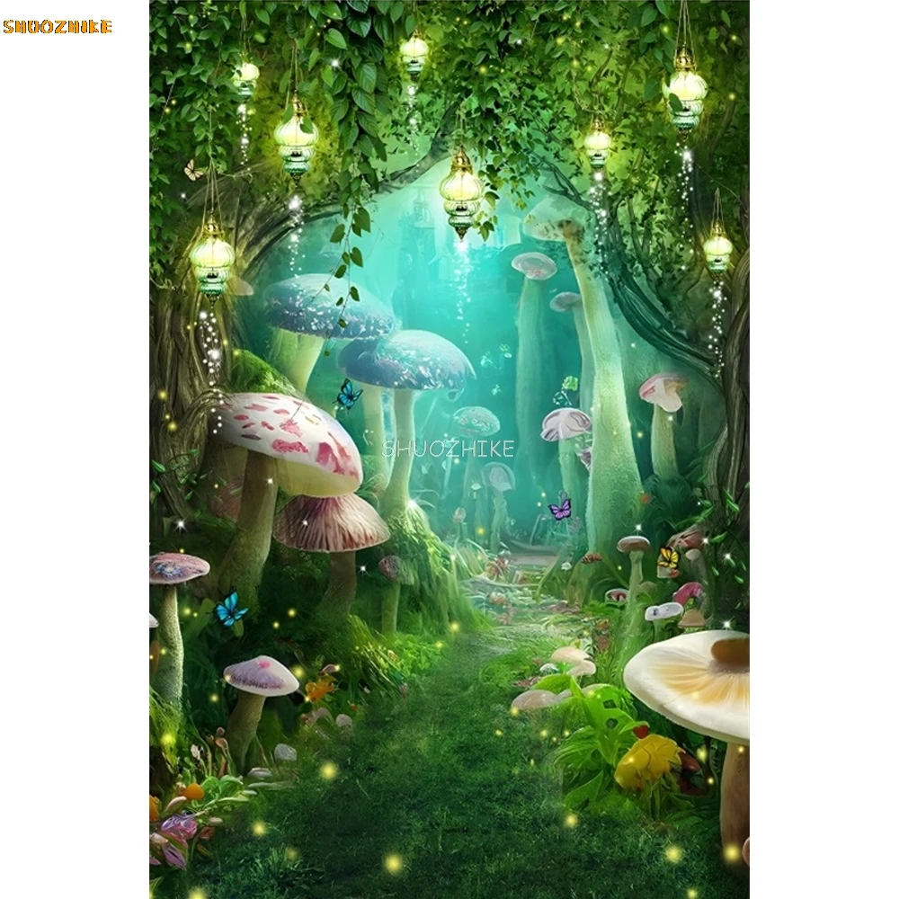 동화 숲 버섯 사진 배경, 꿈의 마법의 이상한 나라 버섯 집, 정글 아기 생일 장식 배경