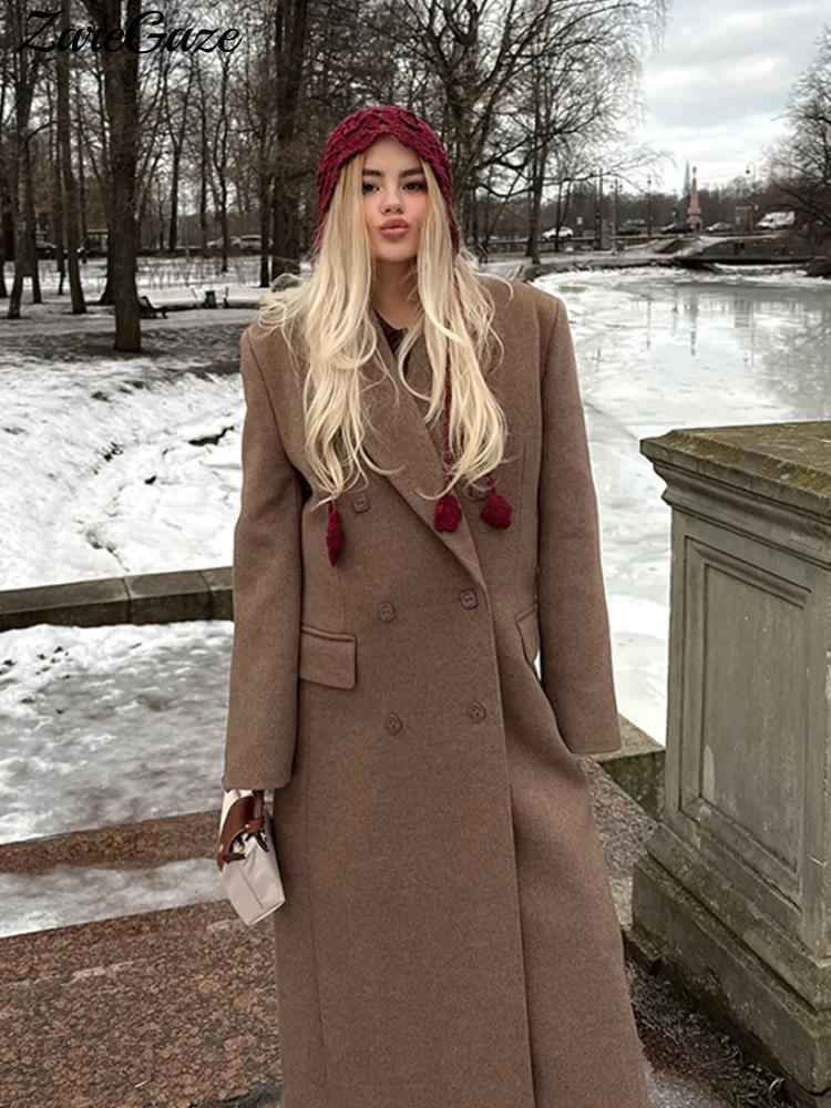 Элегантные женские длинные шерстяные пальто, свободные двубортные женские пальто с лацканами и длинными рукавами, осень-зима 202, женская верхняя одежда