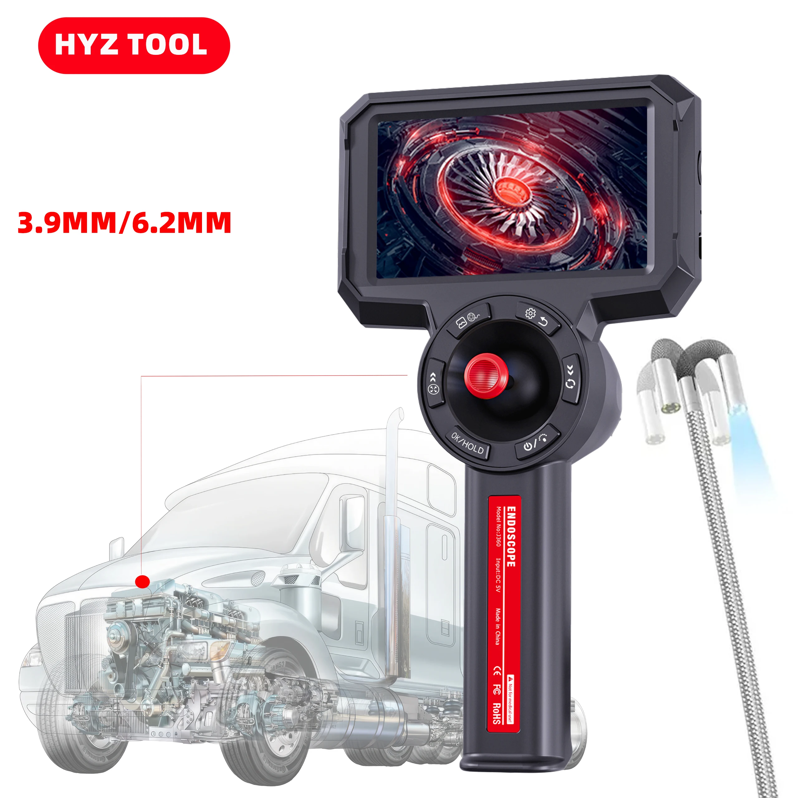 

3.9MM/6.2MM 720° All Way Steering Industrial Endoscope for Car Pipe Inspection Sewer Camera Borescope With 4.5Inch HD Screen