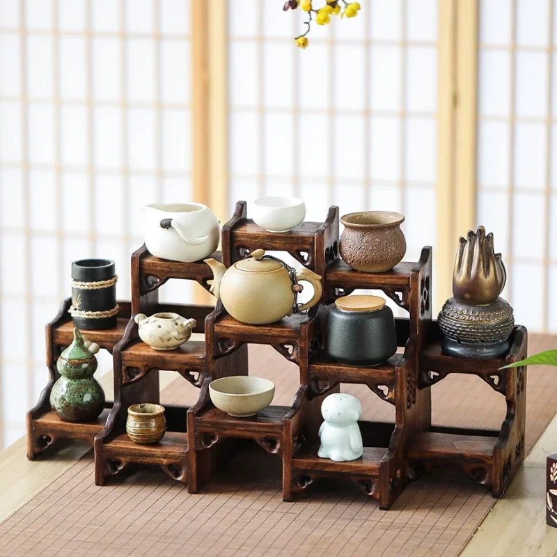 Chinese Style Mahu Rack Small Wood Purple Clay Pot Shelf Thickened Stepped Tea Set, Cup Display, Storage Holders, Desktop Decor