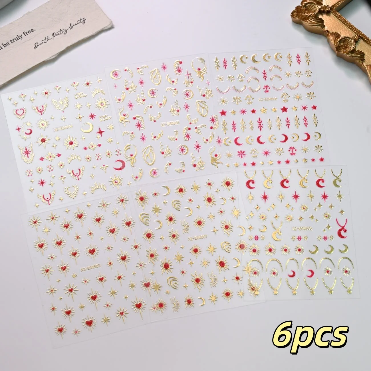 6Pcs 3D Metallic Bronzing Sun Heart Pattern Nail Decals Gold Red Moon Star Nail Stickers Luxury Exquisite Manicure Decorations *