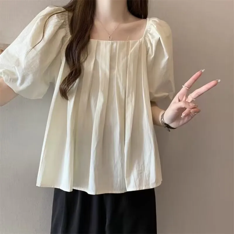 Puff Sleeve Blouses Women French Style Loose Sweet Solid Temperament Lace-up Fashion Summer New All-match Girlish Ulzzang Tender