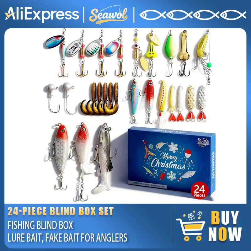 

24Pcs Christmas Fishing Lure Set with Soft Baits, Metal Jigs & Glitter Lures | Holiday Mystery Gift Box for Anglers, Perfect Fis