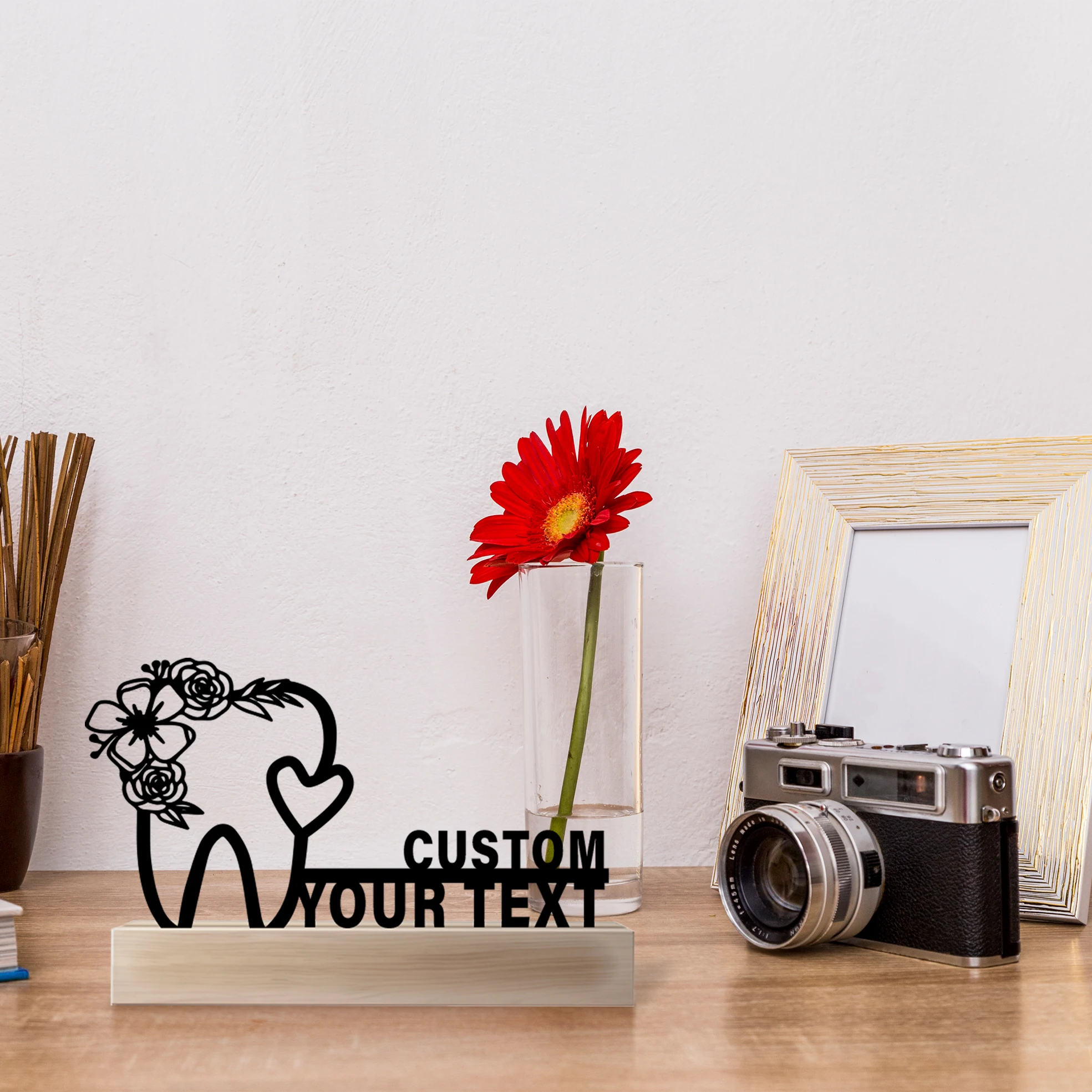 1pc Fashion Teeth with love and flowers Personalized Name Metal Statue Metal Ornament With Wood Base Tin Sculpture Art Crafts
