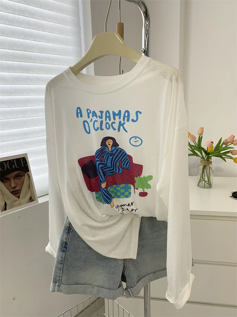 

Minimalist White Printed Long Sleeve Loose T-Shirt Women's Summer New Thin Cartoon Short Sleeve Top UV Protection Cotton Blend