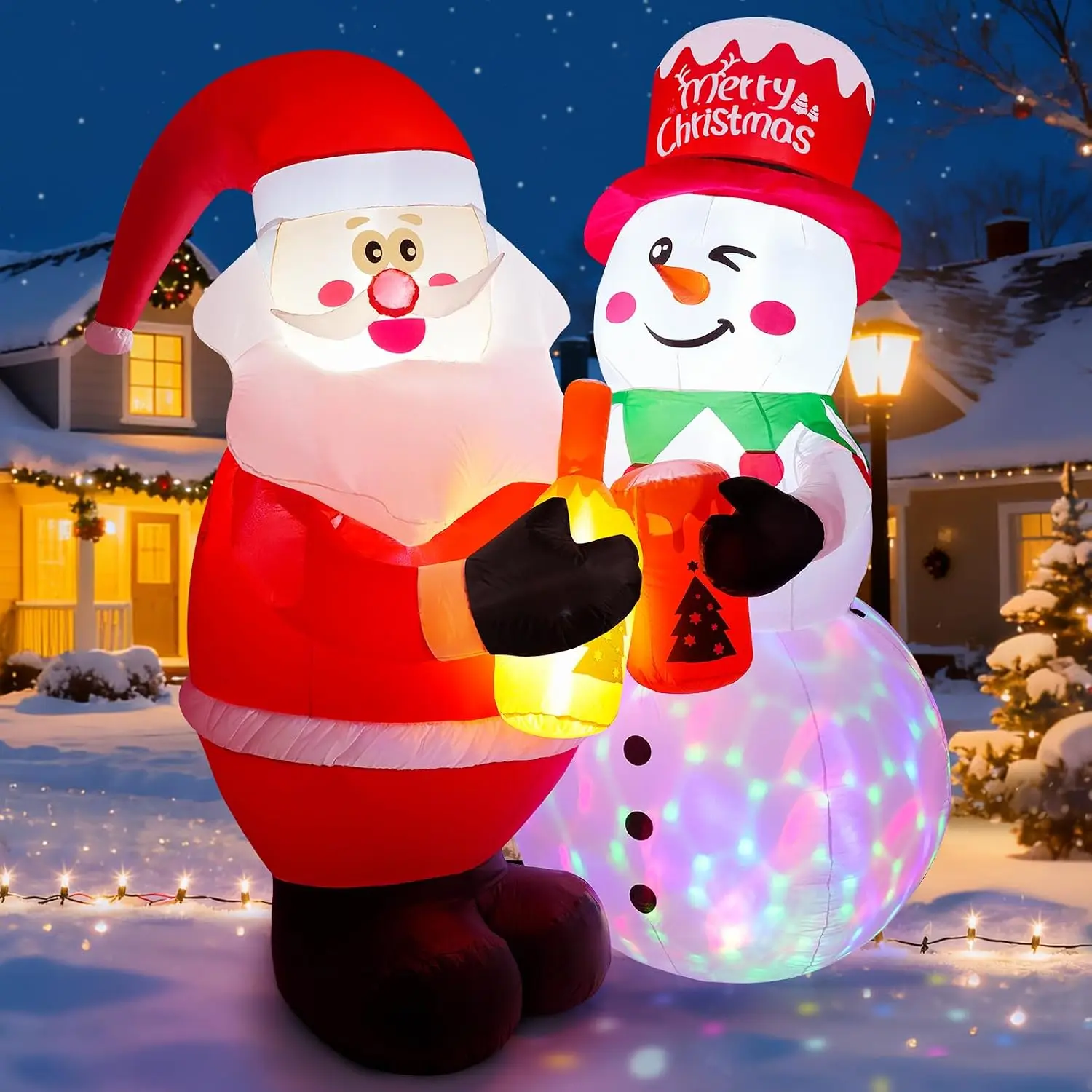 7FT Christmas Outdoor Inflatable Decoration, Santa and Snowman Toasting with Lights, Rotating Colorful LED Design
