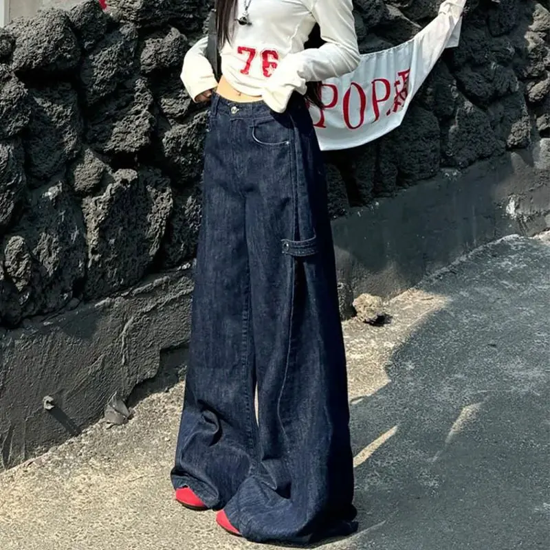 Female Clothing American Solid Color Trousers Vintage Straight Spring Autumn Loose Fashion Spliced Button Casual Wide Leg Jeans