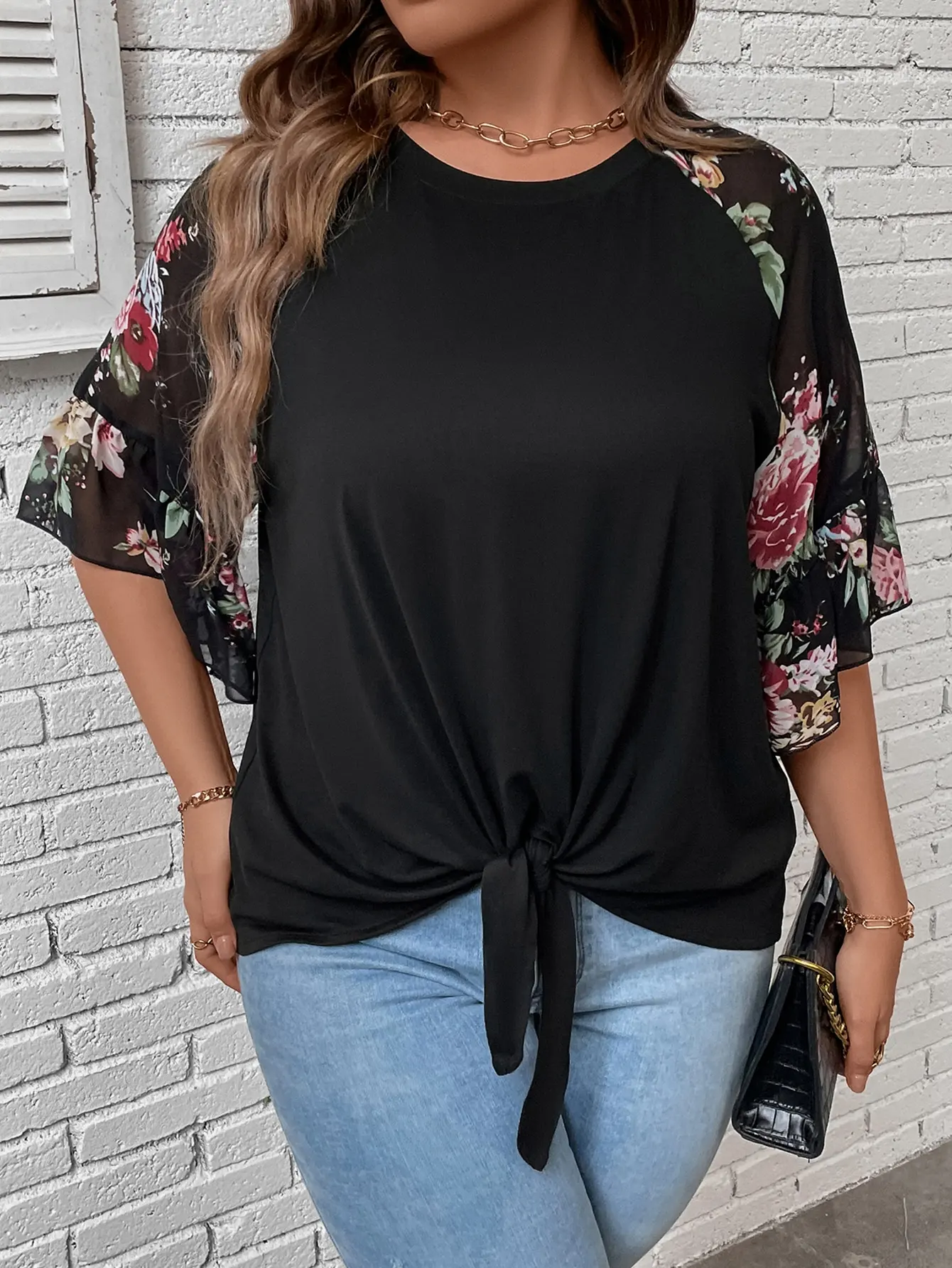Women's Plus Size Floral Print Blouse, Casual Sheer Mesh Flare Sleeve Knot Front T-Shirt, Round Neck Loose Summer Top For Ladies view 3