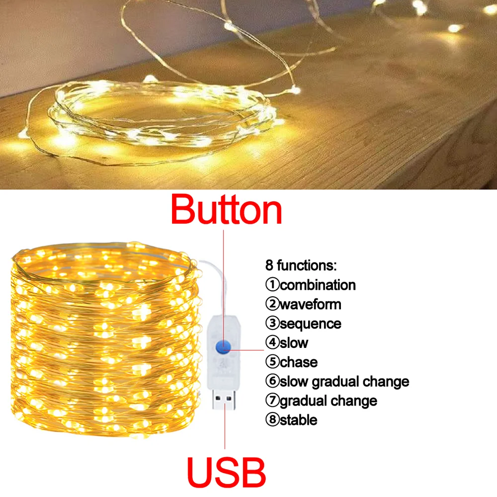 Led Copper Wire Fairy Lights USB LED 8 modes Waterproof Garland String Light Holiday Wedding Party Christmas Home Decoration